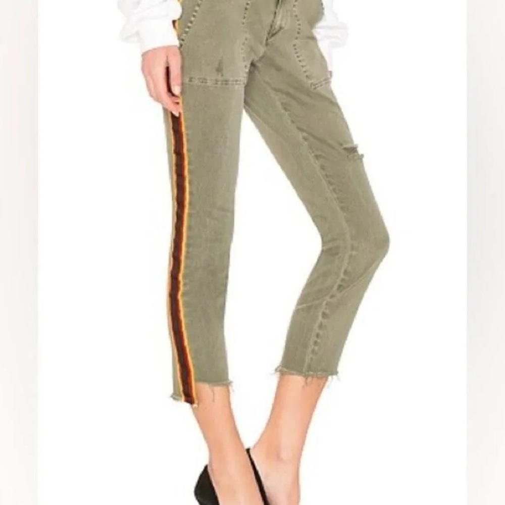 Pam & Gela Olive Cropped‎ Distressed Jeans with Bold Stripe